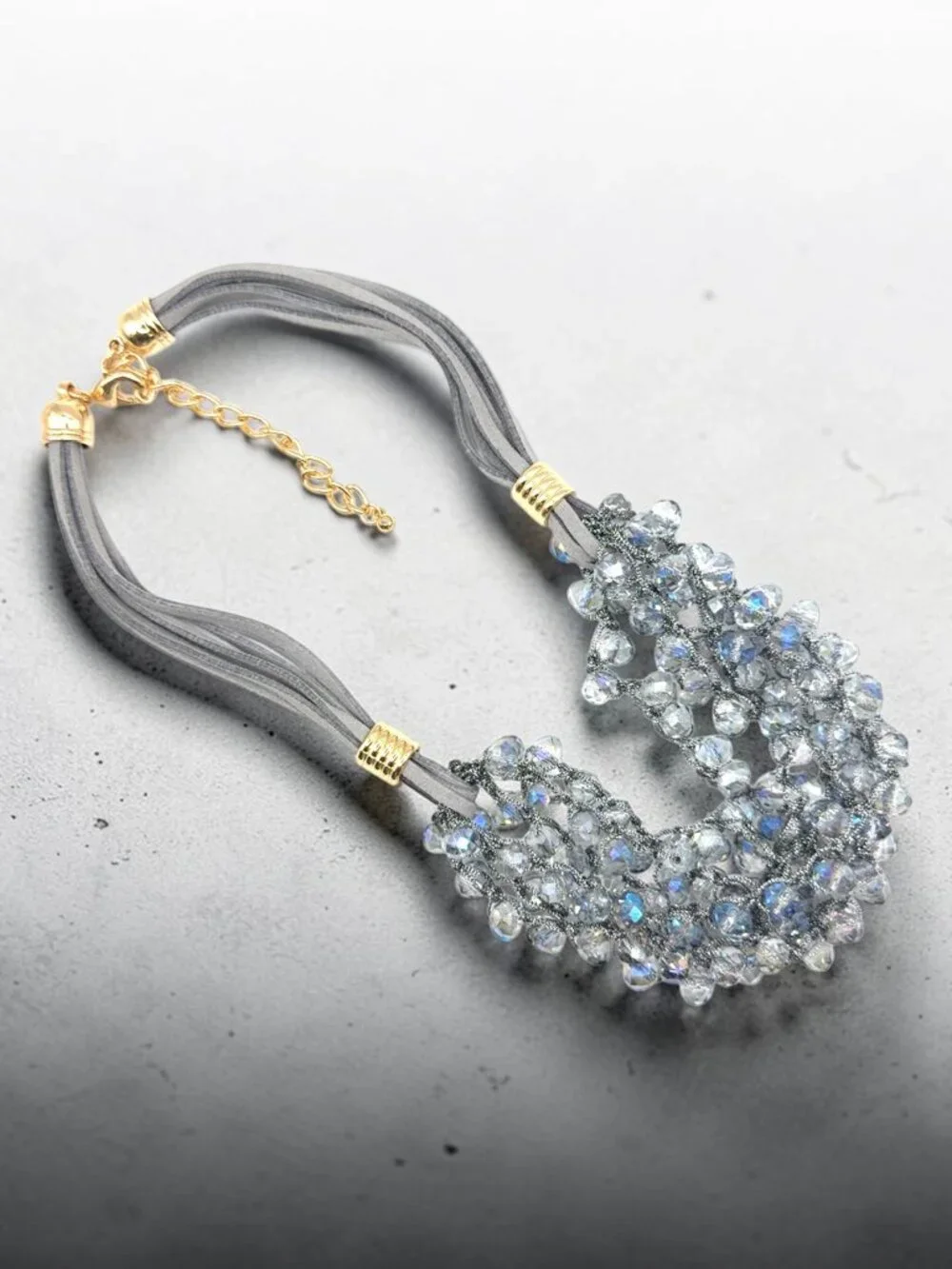 Gold-Tone Gray Leather Multi-Row Beaded Necklace